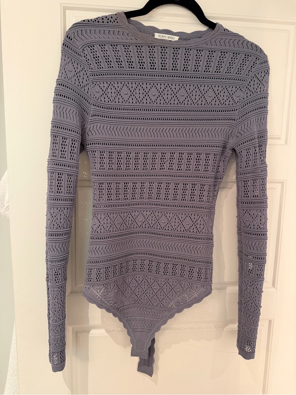 Ronny Kobo Collection Lilac Openwork Pointelle Bodysuit Sweater